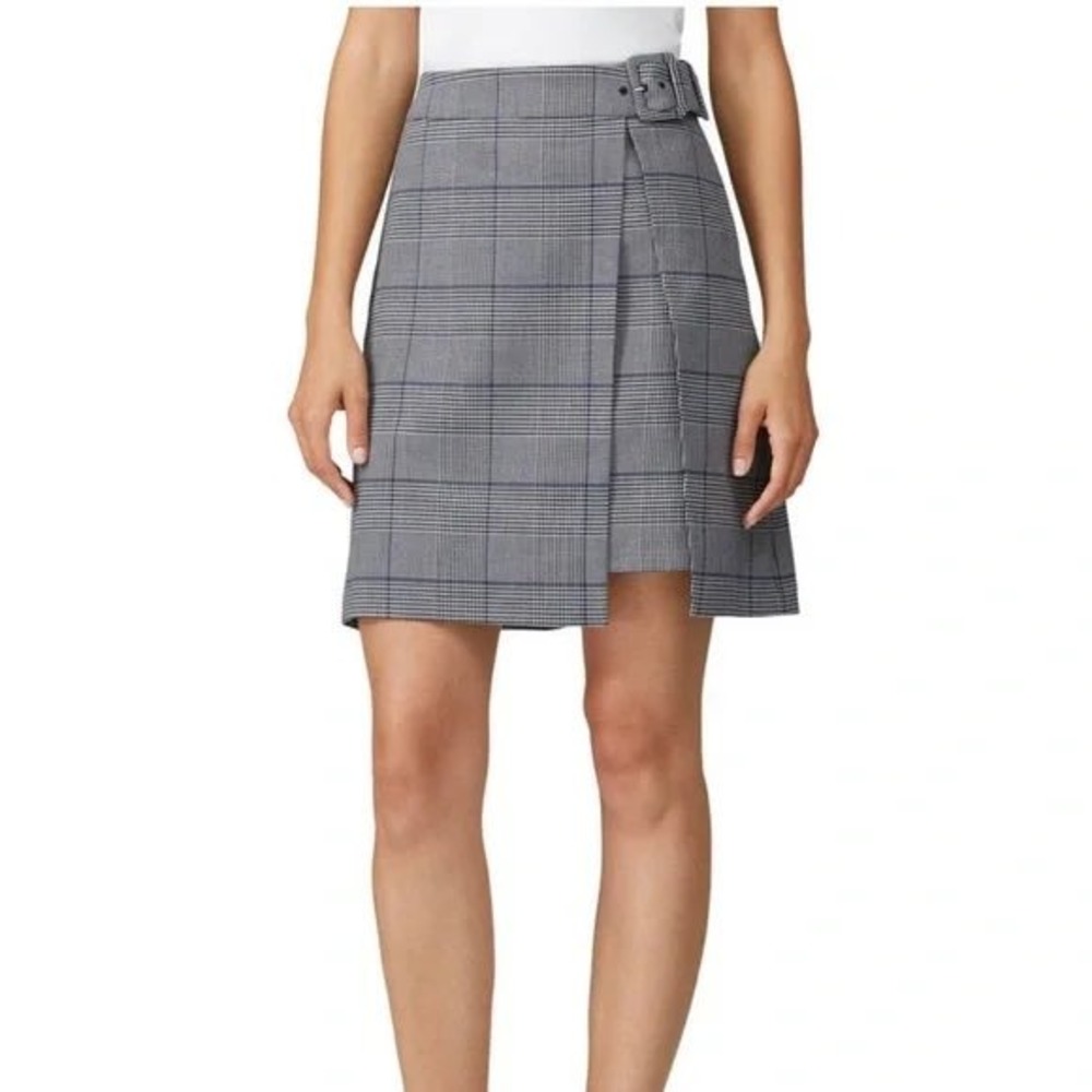 Club Monaco Grey Blue Glen Plaid Buckle Wrap Mini Skirt Asymmetrical Hem Size 12